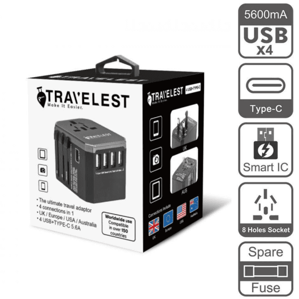 Travel Adapter with 4 USB ports & 1 USB-C port  Black