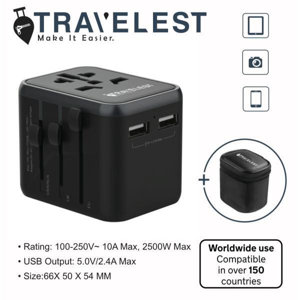 Travelest UNIVERSAL Travel Adapter 2500W with 2 USB 2.4A Black